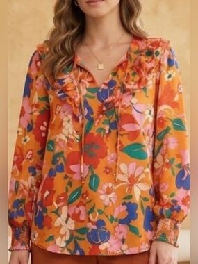 030-Umgee Floral Ruffle Blouse - Orange Multi
